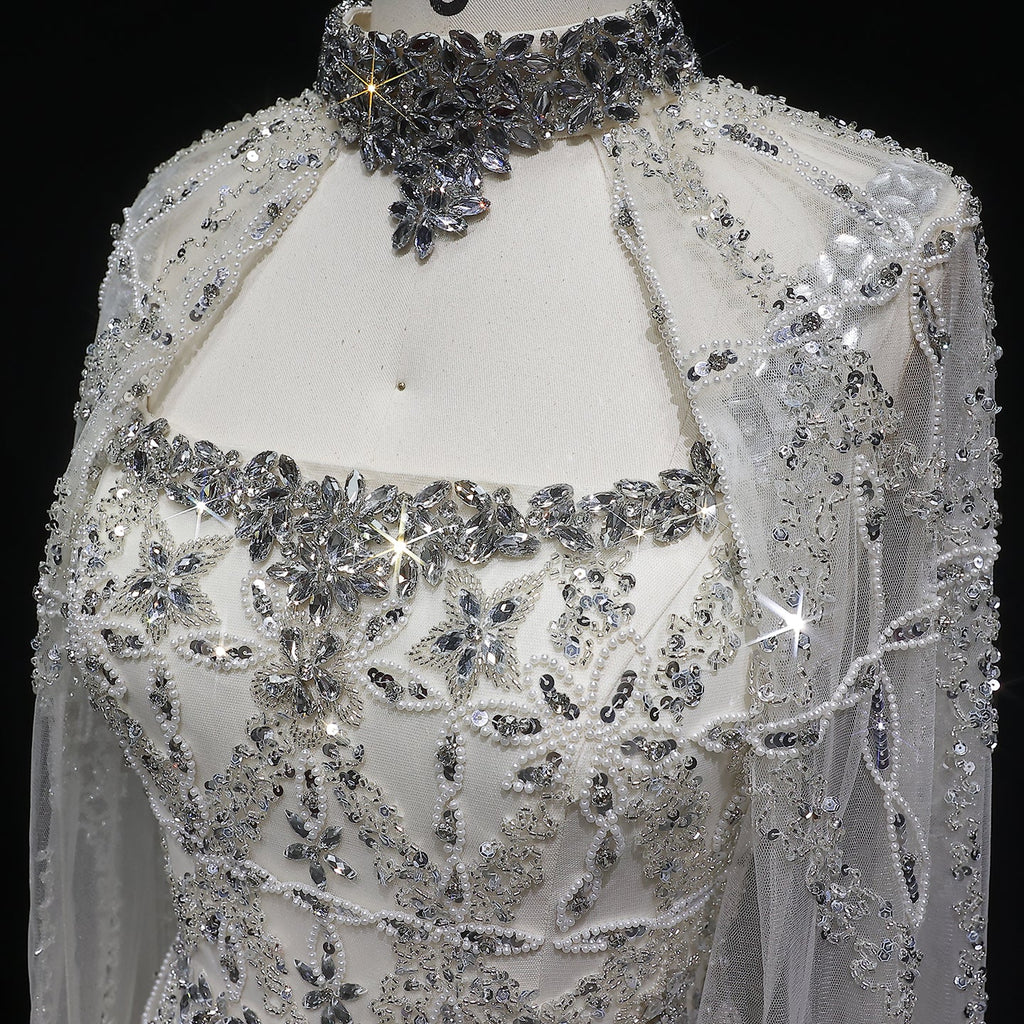 Luxury Cream Crystal Beaded Train Evening Dress with Cape SS486