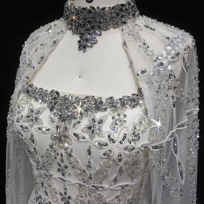 Luxury Cream Heavy Beaded Train Evening Dress with Cape SS486