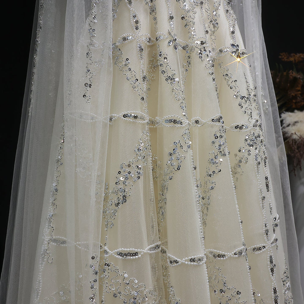 Luxury Cream Crystal Beaded Train Evening Dress with Cape SS486