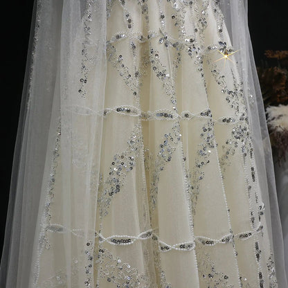 Luxury Cream Heavy Beaded Train Evening Dress with Cape SS486