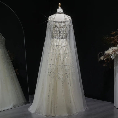 Luxury Cream Heavy Beaded Train Evening Dress with Cape SS486