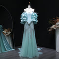 Glamorous Aqua Strapless Puff Sleeve Beaded Mermaid Evening Dress SS501