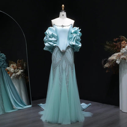 Luxury Aqua Strapless Puff Sleeve Beaded Mermaid Evening Dress SS501