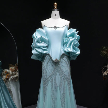 Luxury Aqua Strapless Puff Sleeve Beaded Mermaid Evening Dress SS501