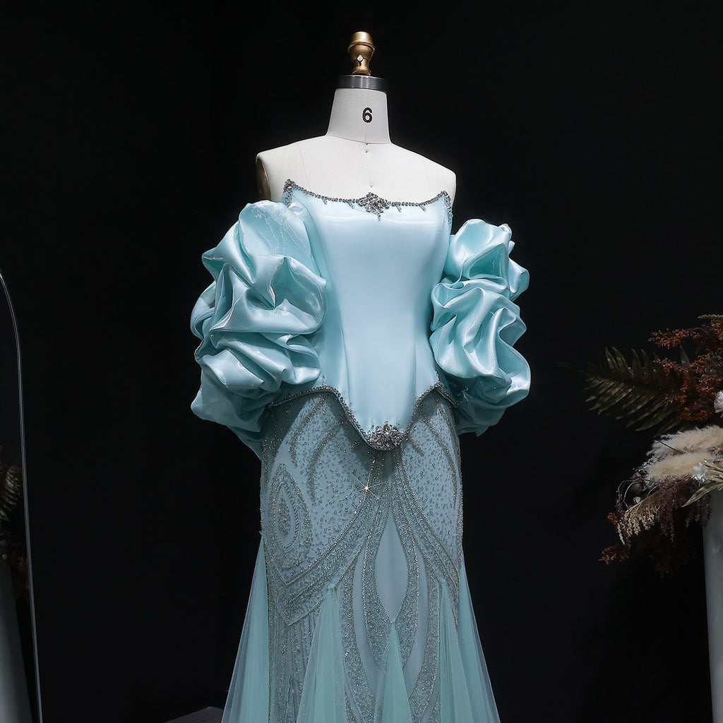 Glamorous Aqua Strapless Puff Sleeve Beaded Mermaid Evening Dress SS501