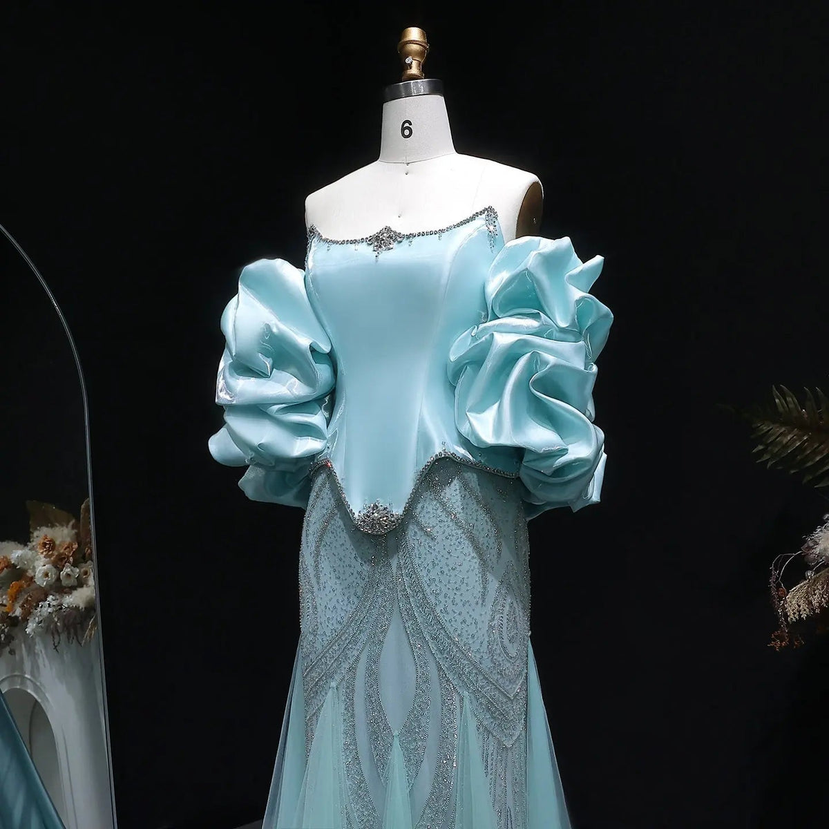 Luxury Aqua Strapless Puff Sleeve Beaded Mermaid Evening Dress SS501