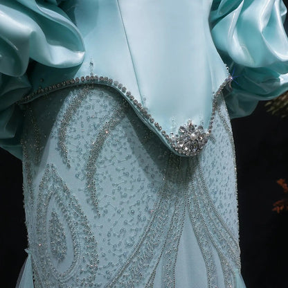 Luxury Aqua Strapless Puff Sleeve Beaded Mermaid Evening Dress SS501