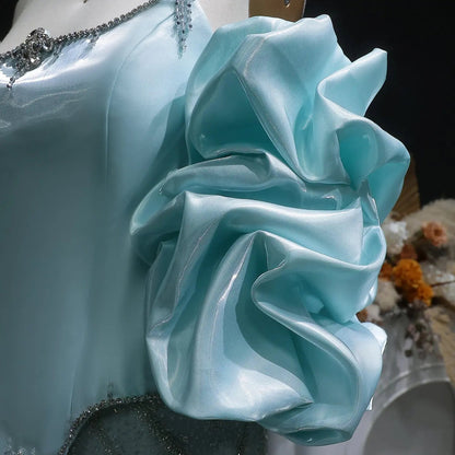 Luxury Aqua Strapless Puff Sleeve Beaded Mermaid Evening Dress SS501