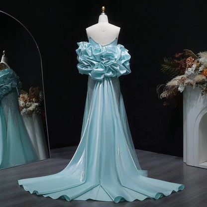 Luxury Aqua Strapless Puff Sleeve Beaded Mermaid Evening Dress SS501