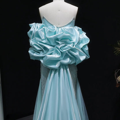 Luxury Aqua Strapless Puff Sleeve Beaded Mermaid Evening Dress SS501