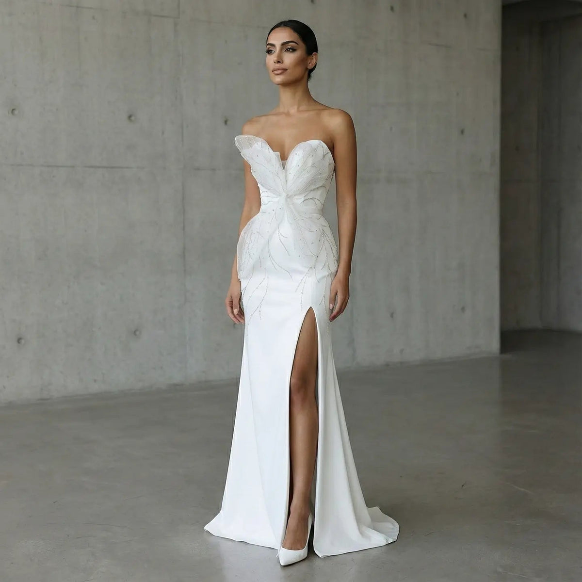 Charming White Beaded Ruched High Slit Sexy Evening Dress SS502