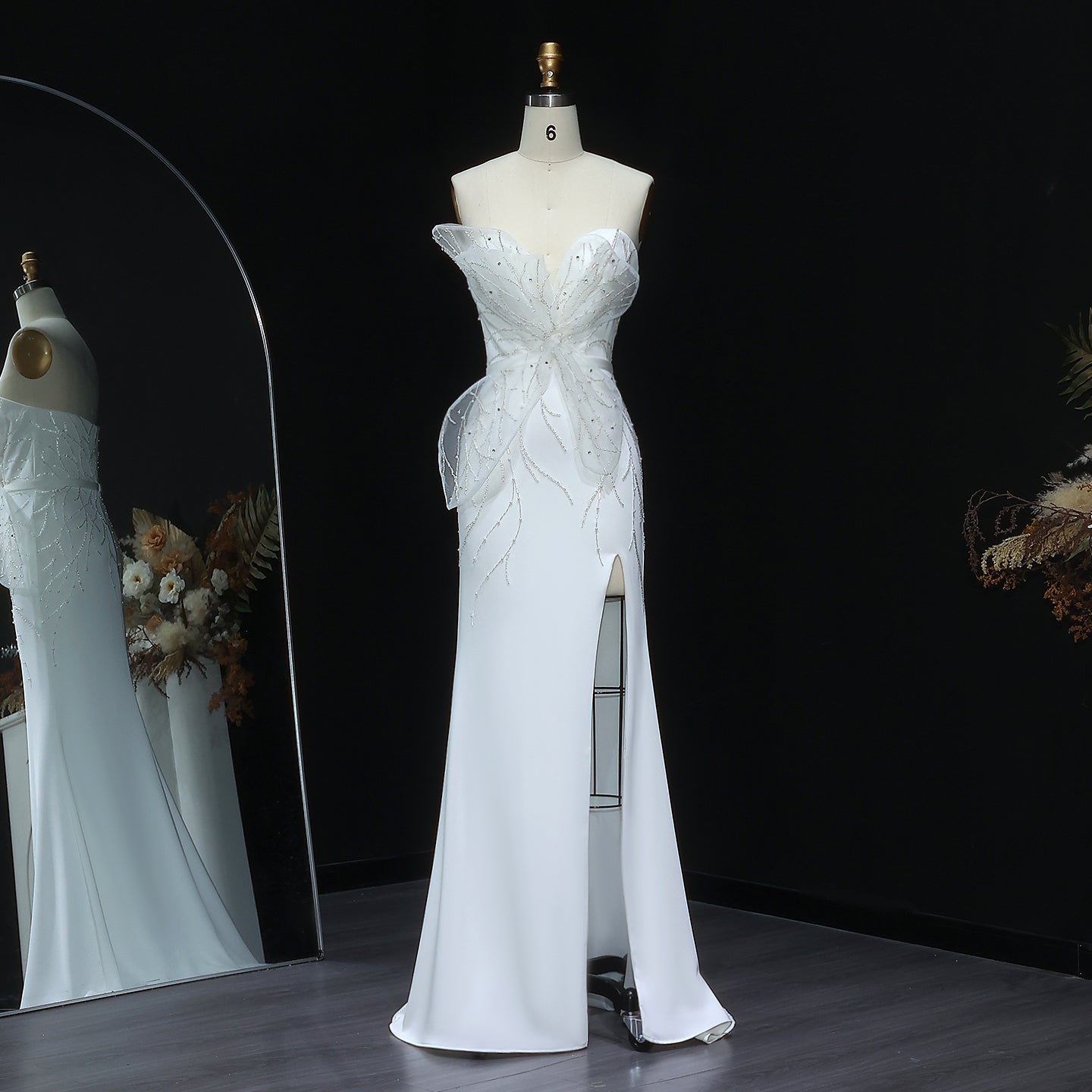 Elegant White Beaded Ruched High Slit Charming Evening Dress SS502