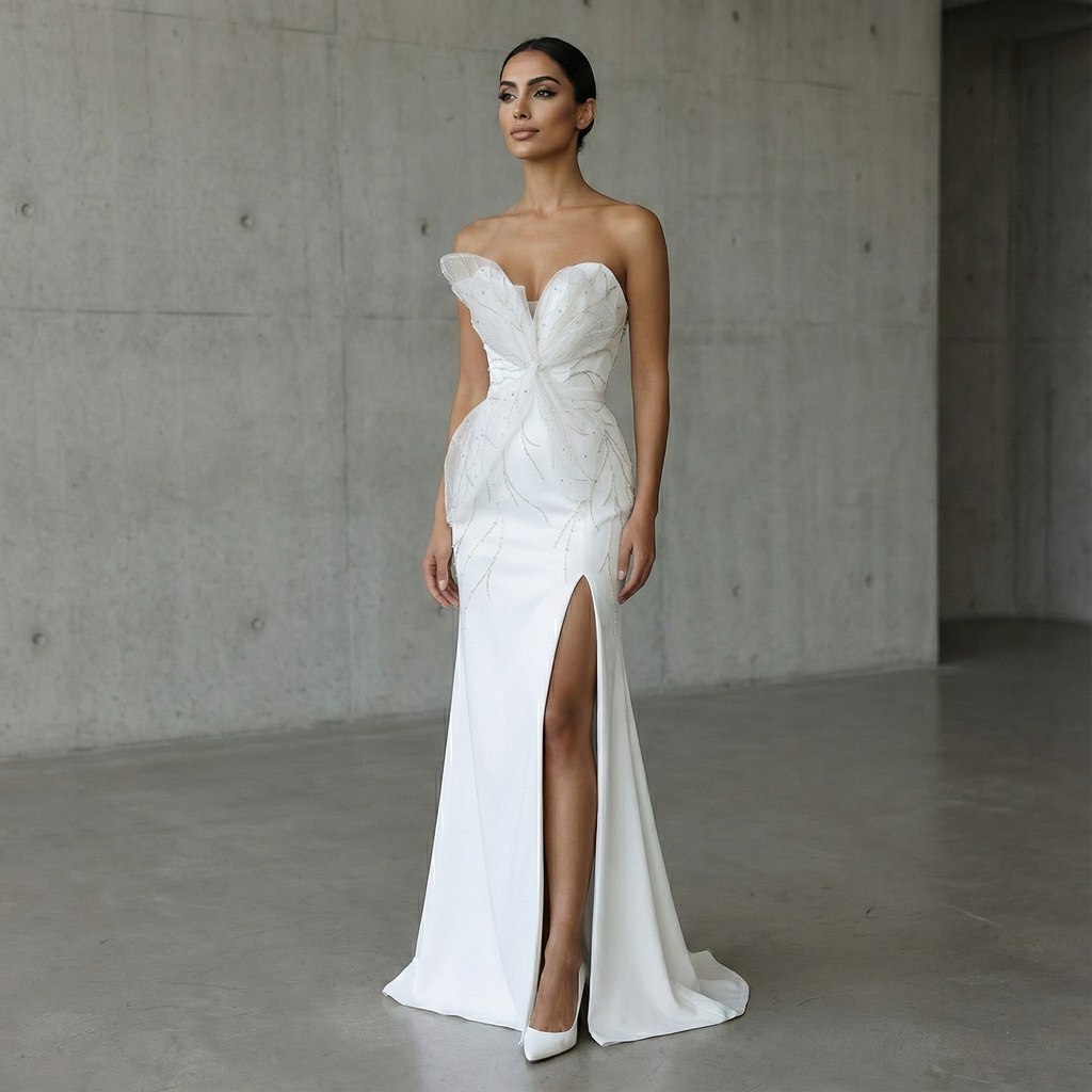 Elegant White Beaded Ruched High Slit Charming Evening Dress SS502