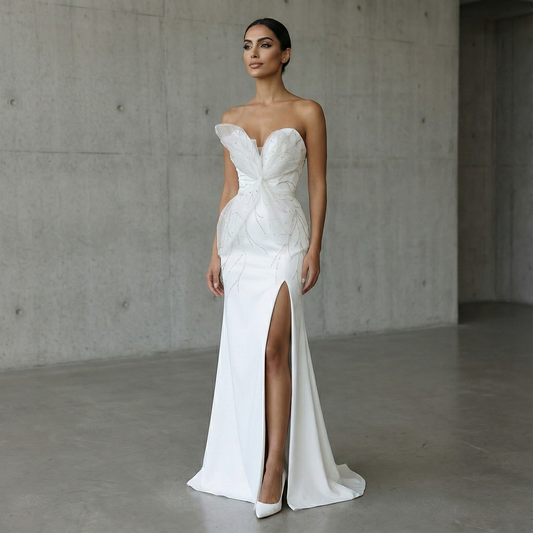 Elegant White Beaded Ruched High Slit Charming Evening Dress SS502