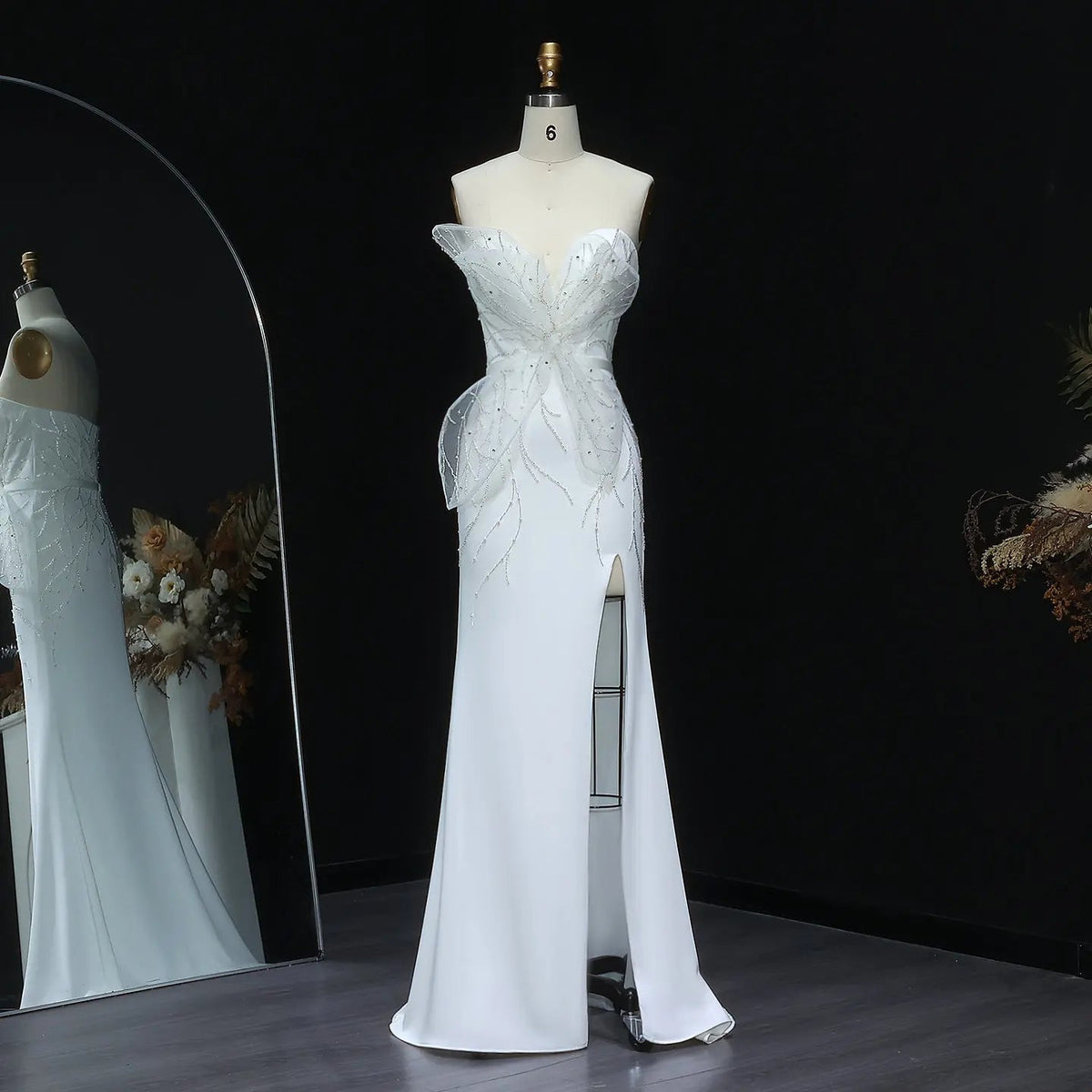 Charming White Beaded Ruched High Slit Sexy Evening Dress SS502