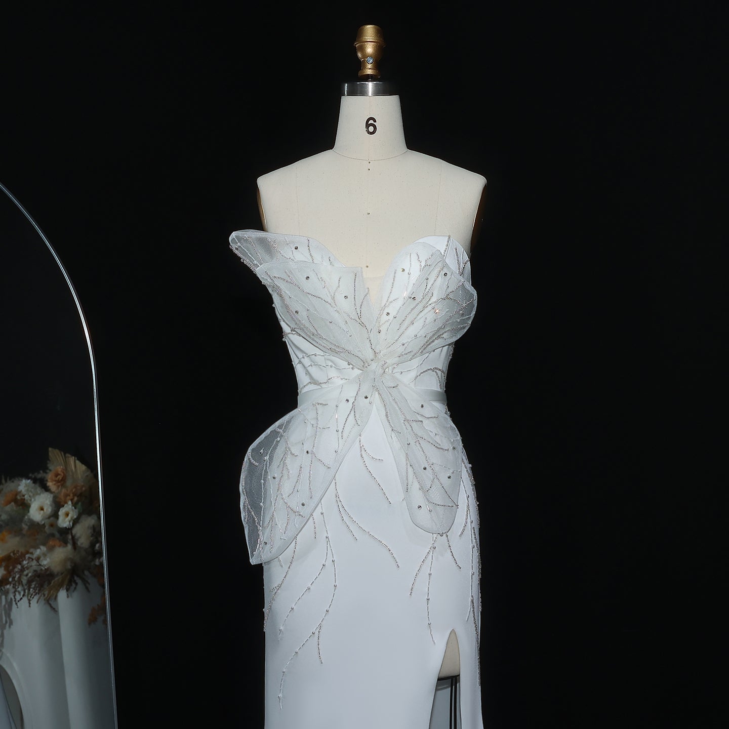 Elegant White Beaded Ruched High Slit Charming Evening Dress SS502