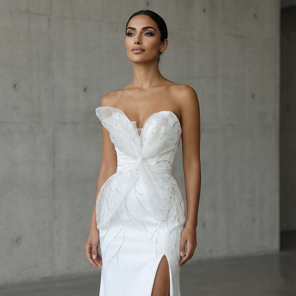 Elegant White Beaded Ruched High Slit Charming Evening Dress SS502