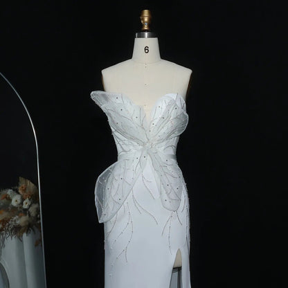 Charming White Beaded Ruched High Slit Sexy Evening Dress SS502