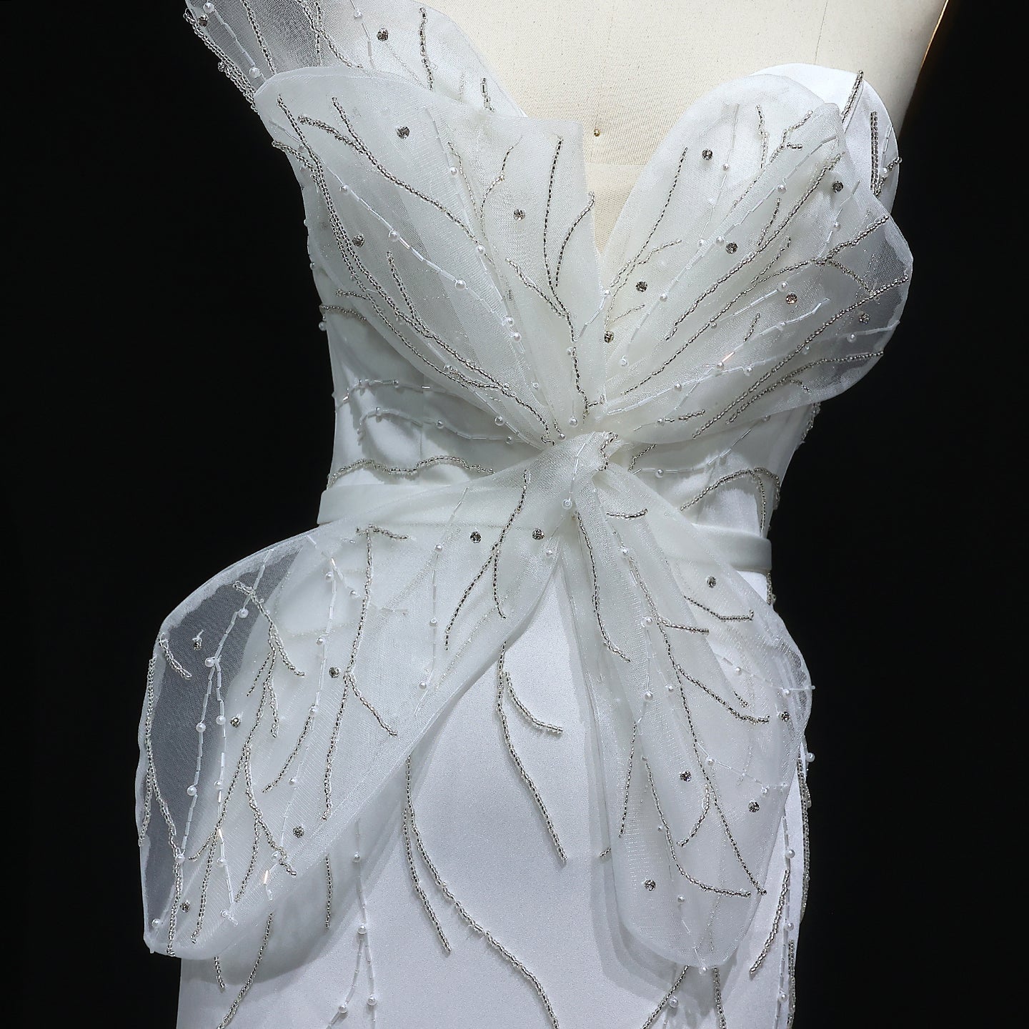 Elegant White Beaded Ruched High Slit Charming Evening Dress SS502