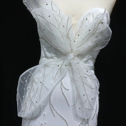 Charming White Beaded Ruched High Slit Sexy Evening Dress SS502