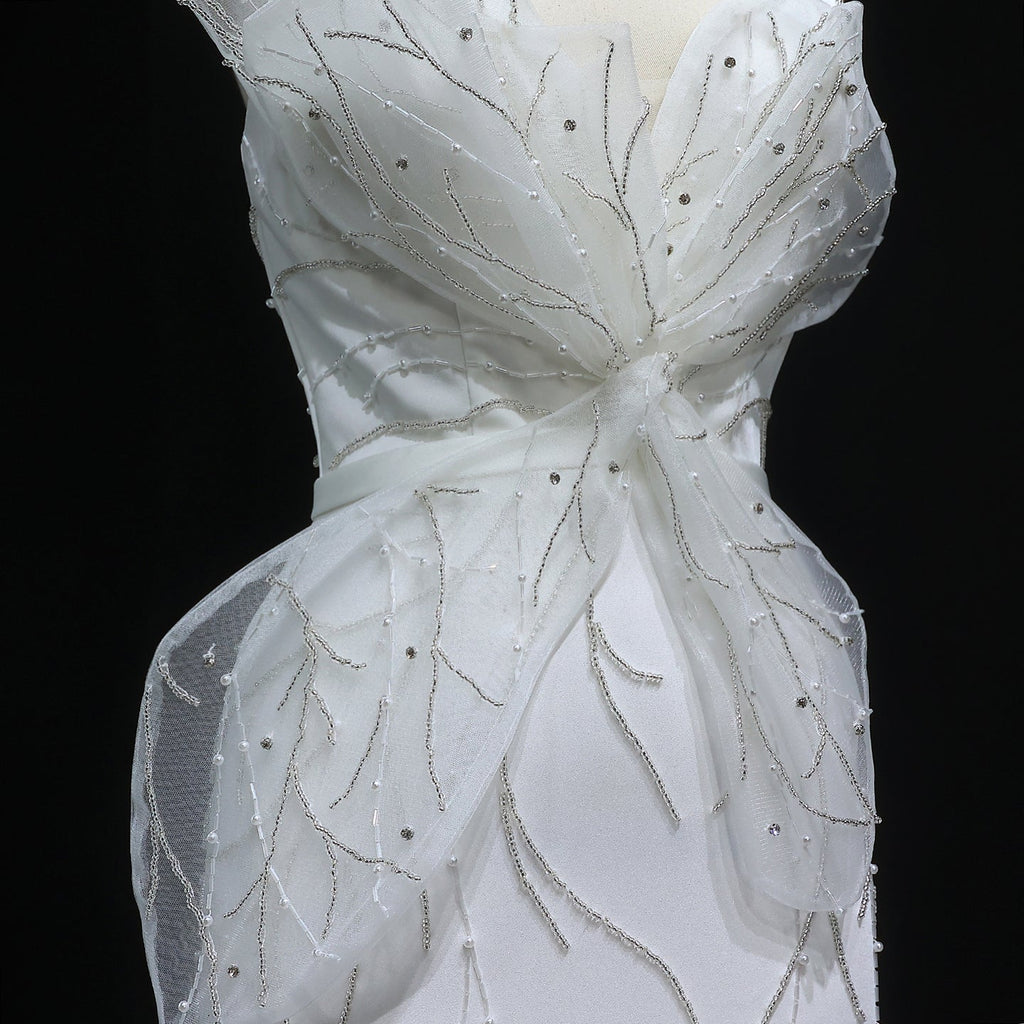 Elegant White Beaded Ruched High Slit Charming Evening Dress SS502
