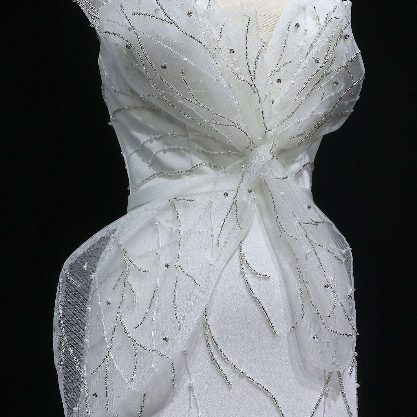 Elegant White Beaded Ruched High Slit Charming Evening Dress SS502