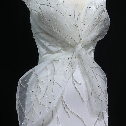 Charming White Beaded Ruched High Slit Sexy Evening Dress SS502