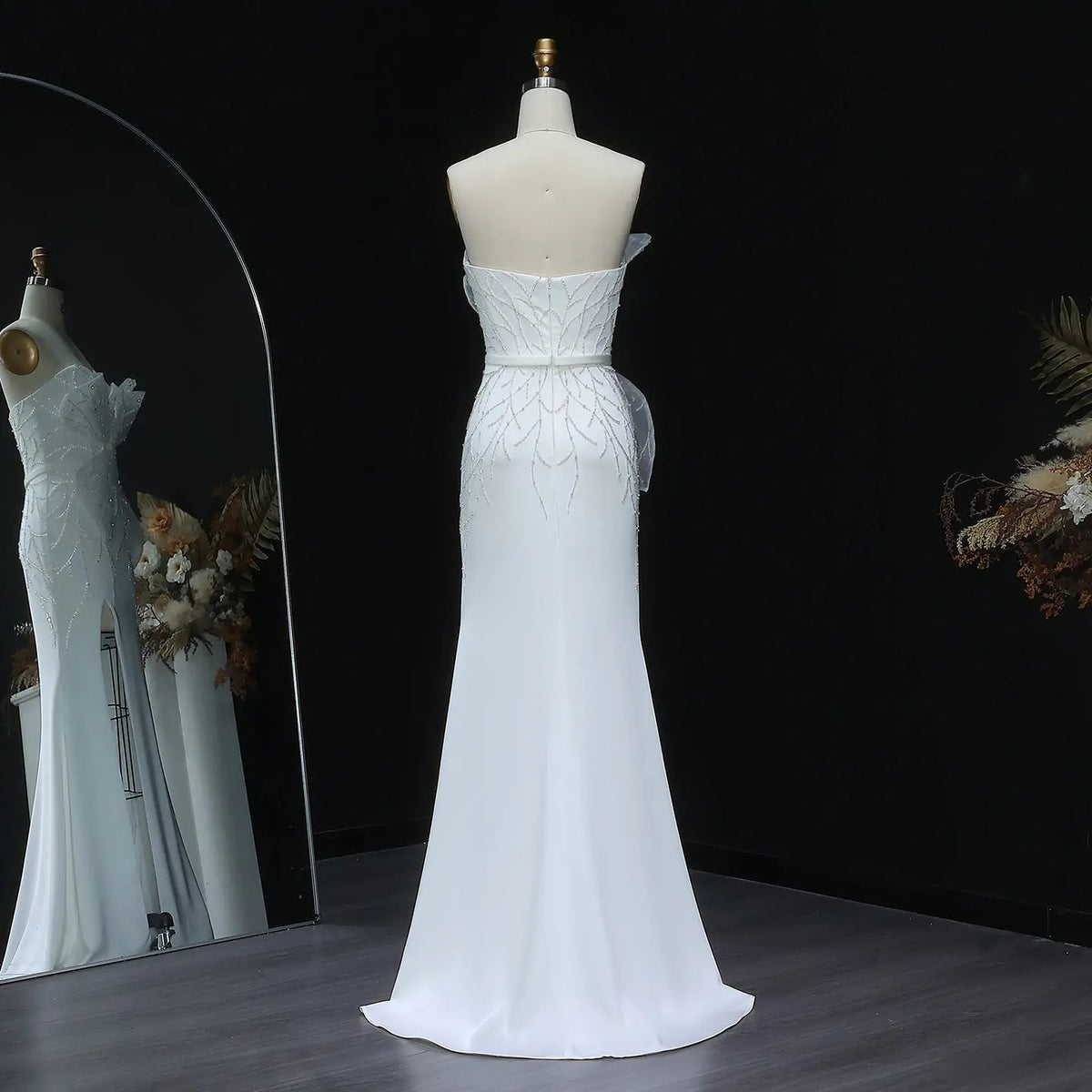 Charming White Beaded Ruched High Slit Sexy Evening Dress SS502