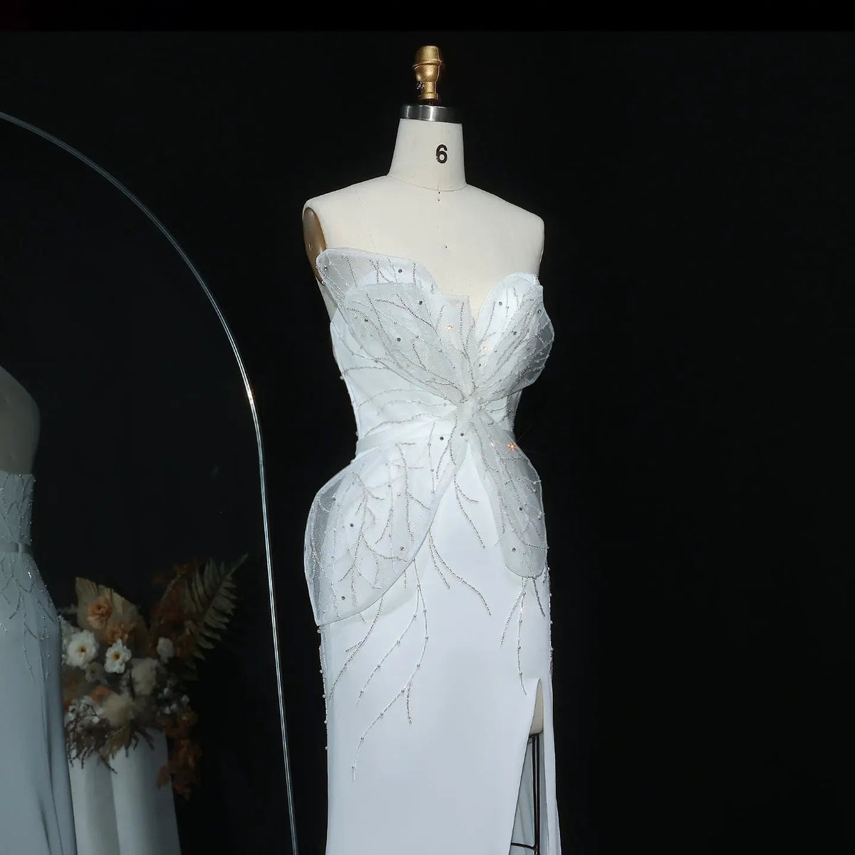 Charming White Beaded Ruched High Slit Sexy Evening Dress SS502