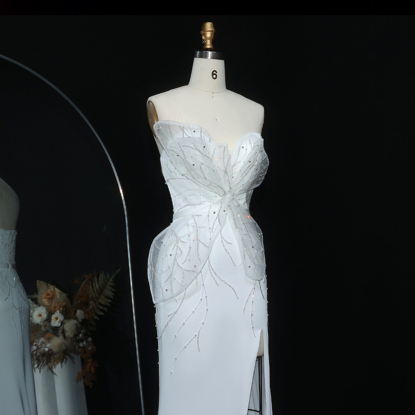 Elegant White Beaded Ruched High Slit Charming Evening Dress SS502