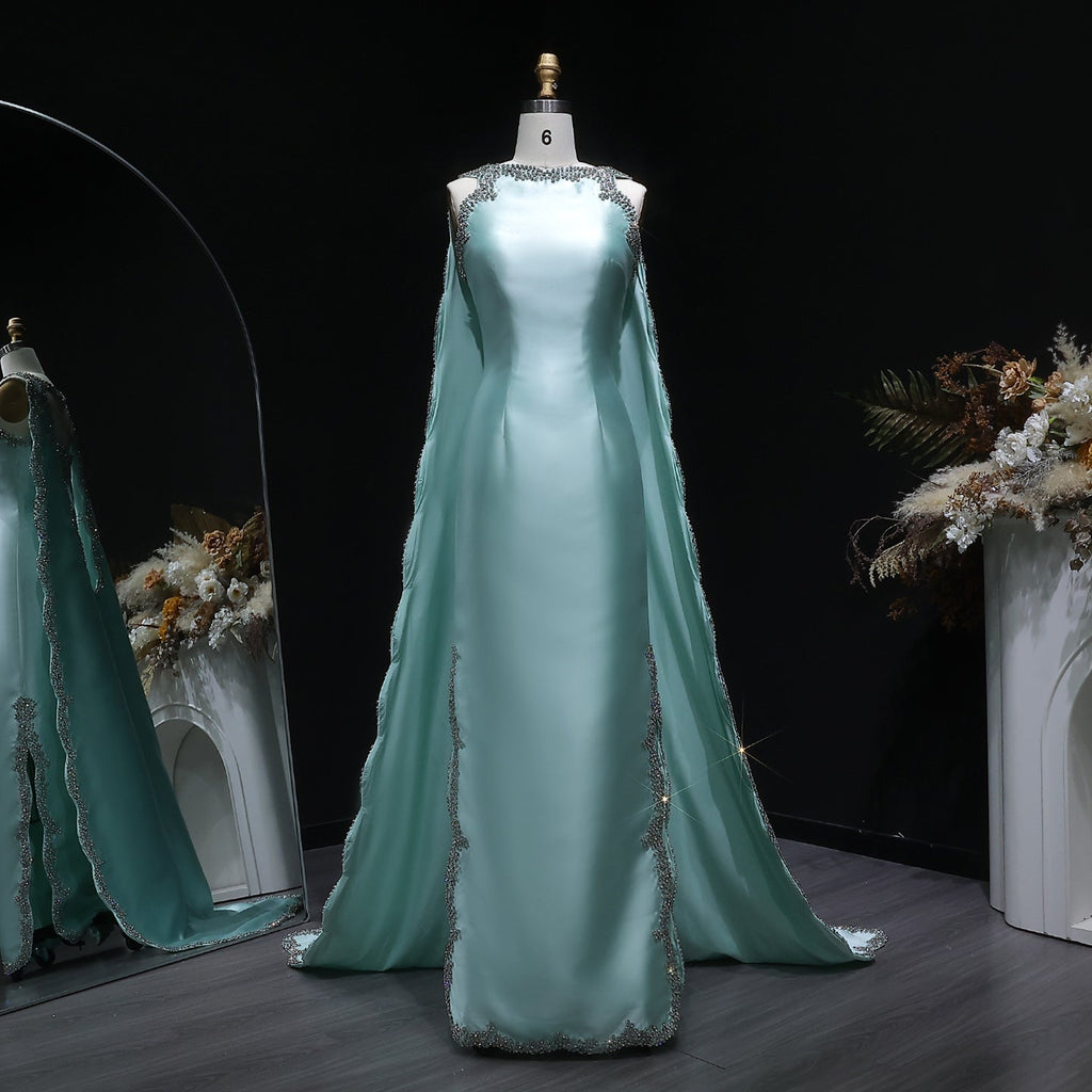 Stylish Premium Mint Green Crystal Satin Evening Dress with Cape SS503