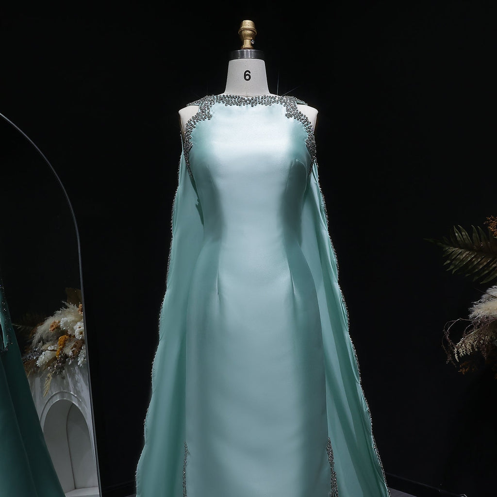 Stylish Premium Mint Green Crystal Satin Evening Dress with Cape SS503