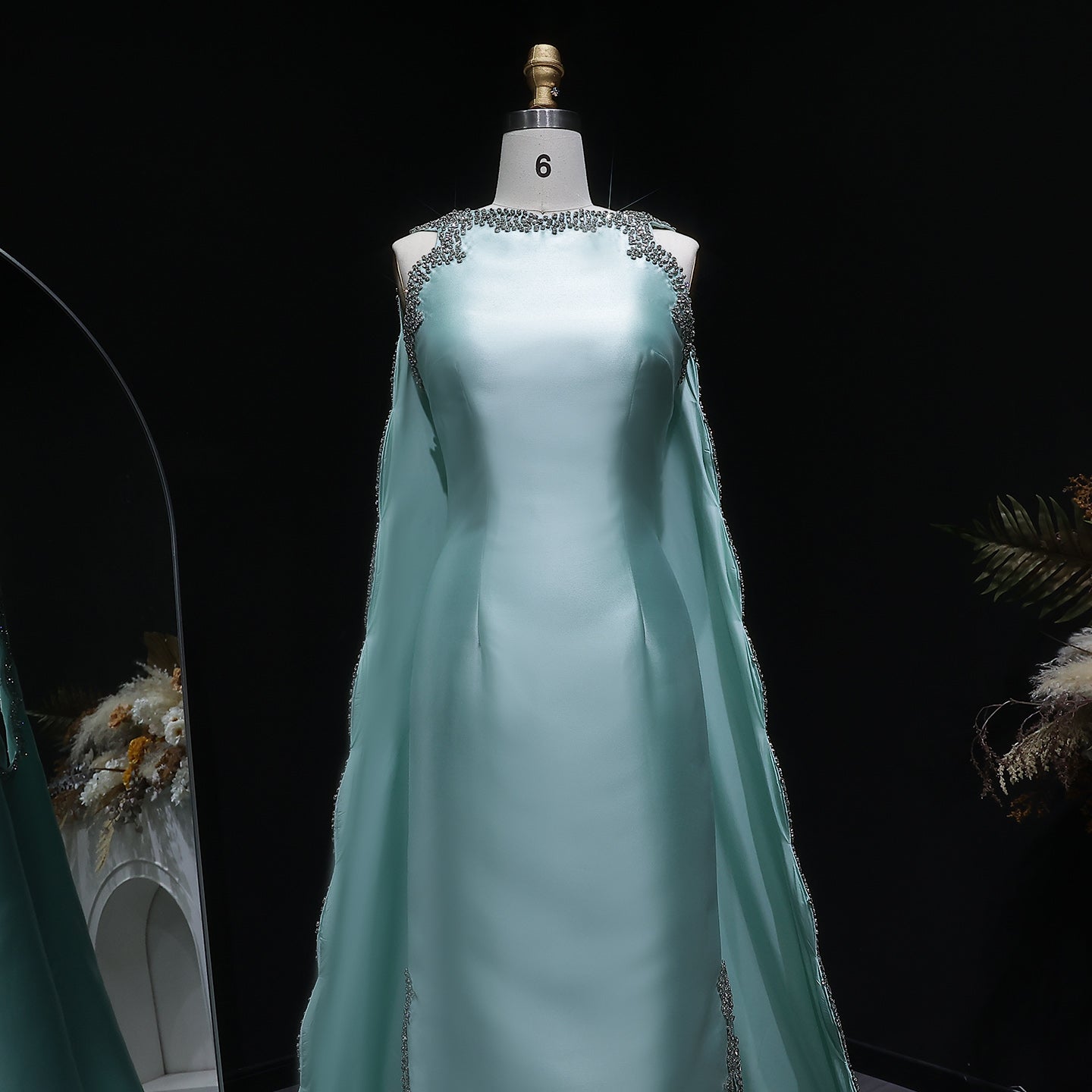 Stylish Premium Mint Green Crystal Satin Evening Dress with Cape SS503