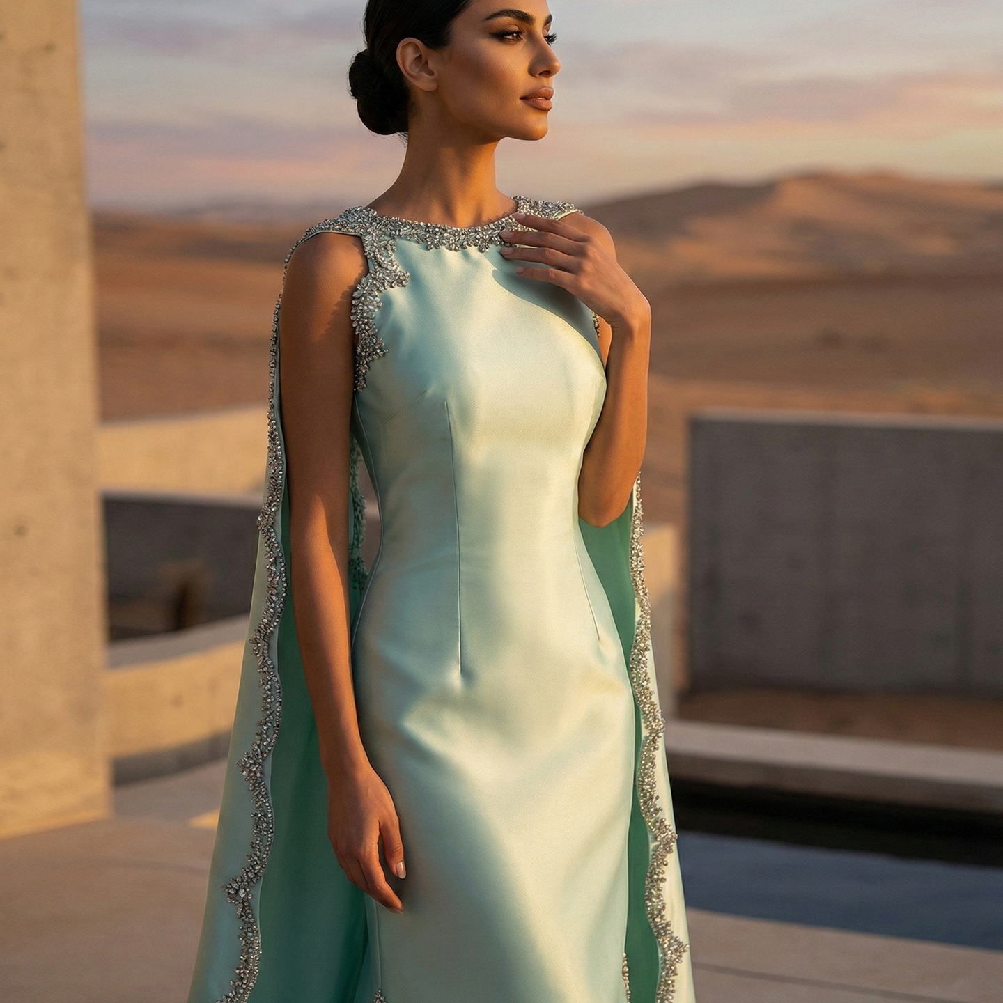 Stylish Premium Mint Green Crystal Satin Evening Dress with Cape SS503