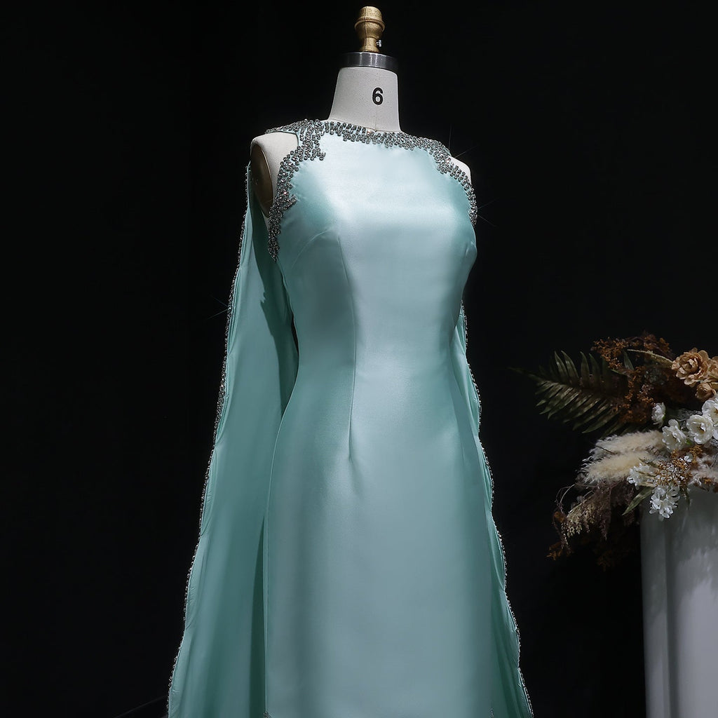Stylish Premium Mint Green Crystal Satin Evening Dress with Cape SS503