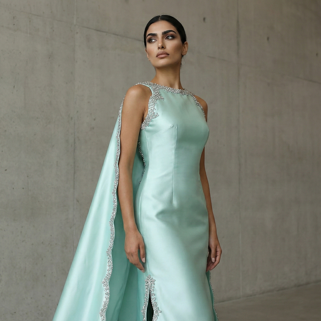Stylish Premium Mint Green Crystal Satin Evening Dress with Cape SS503