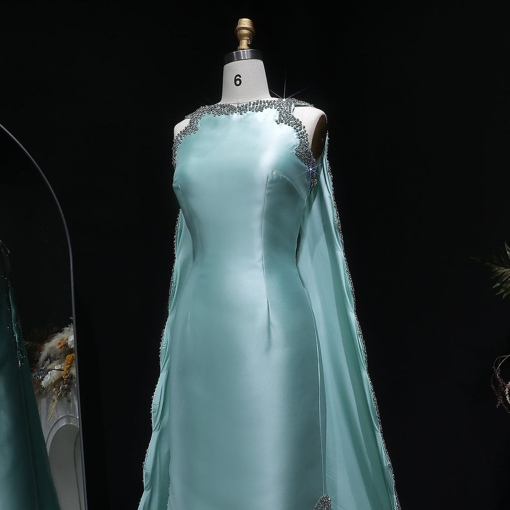 Stylish Premium Mint Green Crystal Satin Evening Dress with Cape SS503