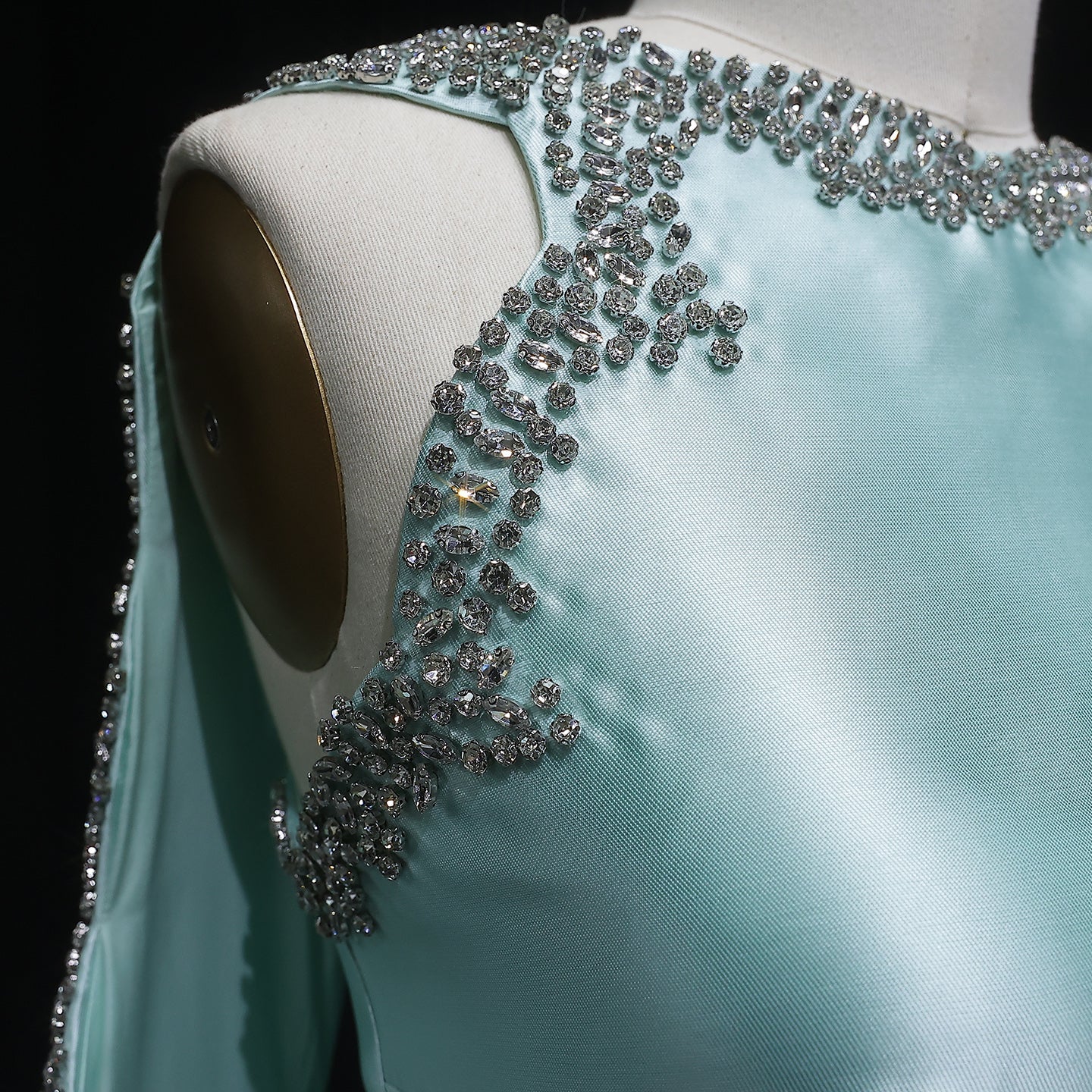 Stylish Premium Mint Green Crystal Satin Evening Dress with Cape SS503