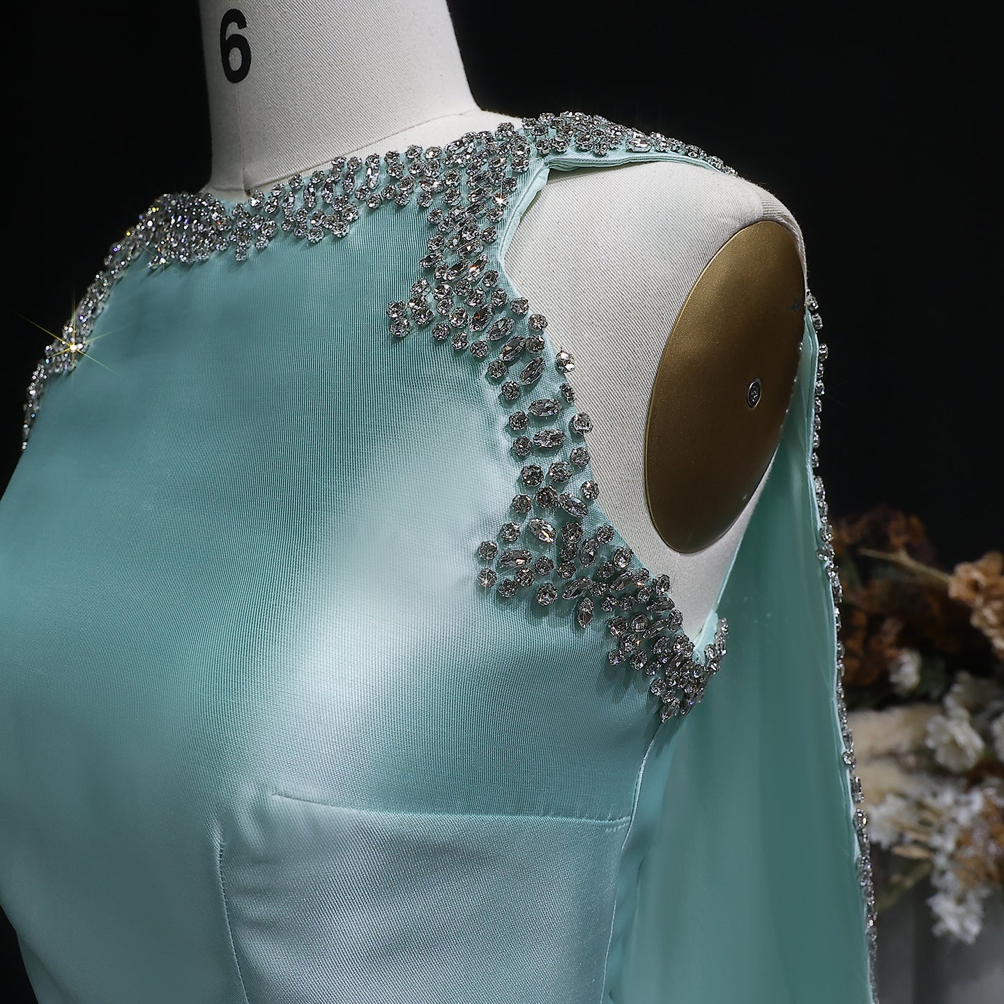 Stylish Premium Mint Green Crystal Satin Evening Dress with Cape SS503