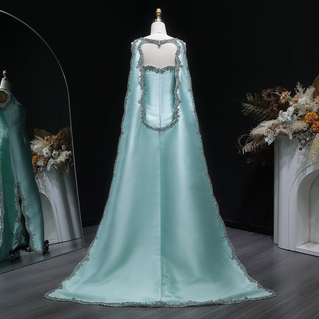 Stylish Premium Mint Green Crystal Satin Evening Dress with Cape SS503