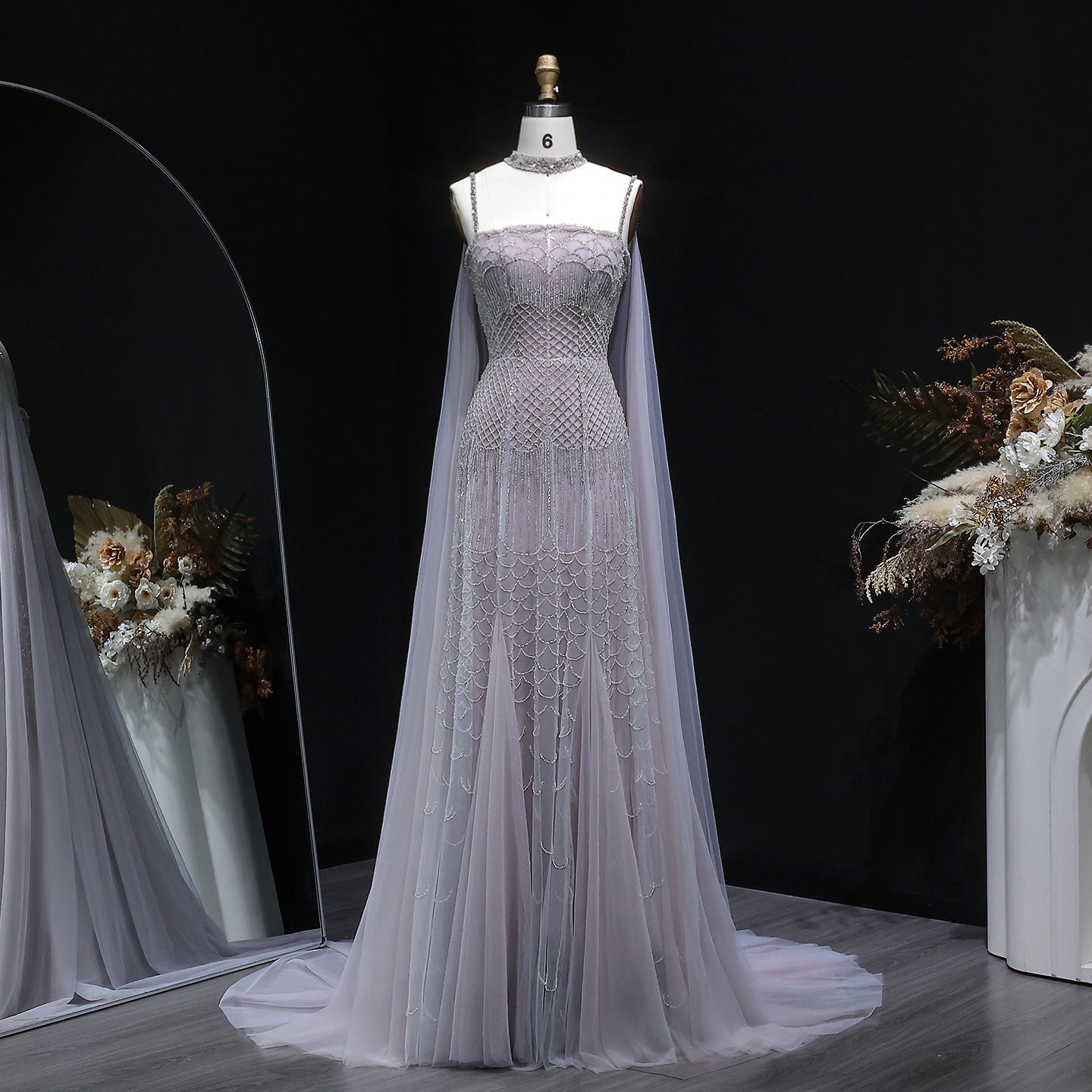 Charming Beaded Pink Mermaid Evening Dress with Cape SS509
