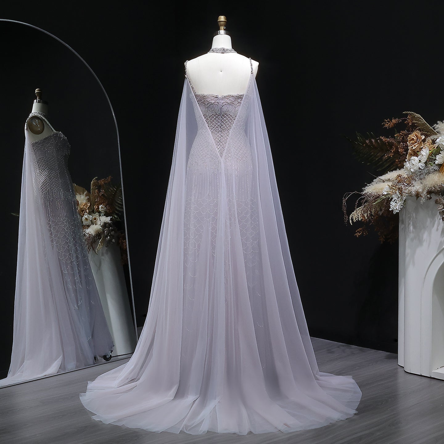 Charming Beaded Pink Mermaid Evening Dress with Cape SS509