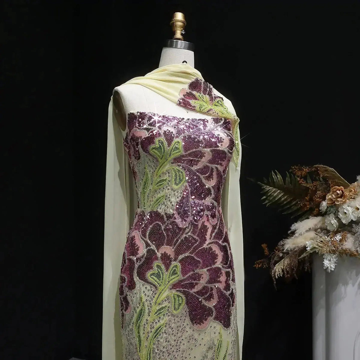 Luxury Purple Green Beaded sequin Cape Train Girls Formal  Evening Dress SS511