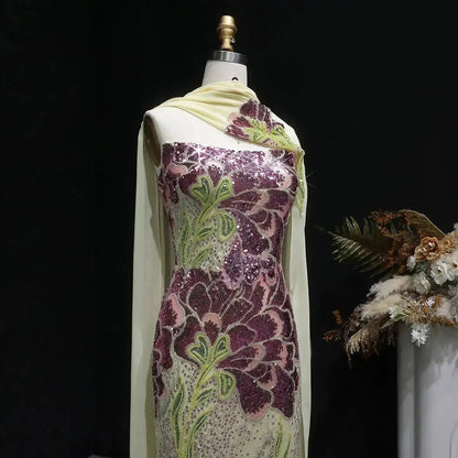 Luxury Purple Green Beaded sequin Cape Train Girls Formal  Evening Dress SS511