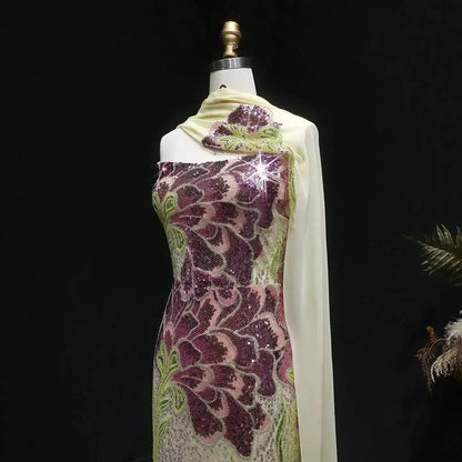 Luxury Purple Green Beaded sequin Cape Train Girls Formal  Evening Dress SS511
