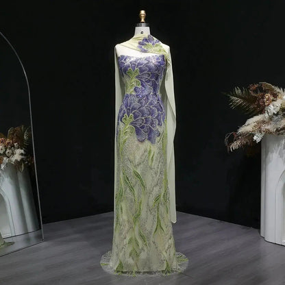 Luxury Purple Green Beaded sequin Cape Train Girls Formal  Evening Dress SS511