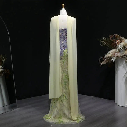 Luxury Purple Green Beaded sequin Cape Train Girls Formal  Evening Dress SS511