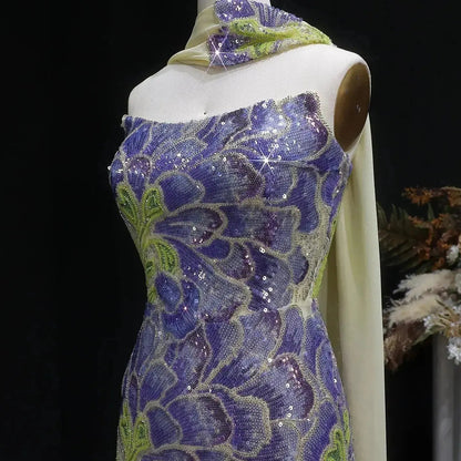 Luxury Purple Green Beaded sequin Cape Train Girls Formal  Evening Dress SS511