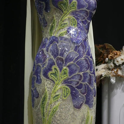 Luxury Purple Green Beaded sequin Cape Train Girls Formal  Evening Dress SS511