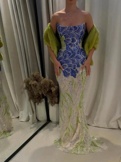 Luxury Purple Green Beaded sequin Cape Train Girls Formal  Evening Dress SS511